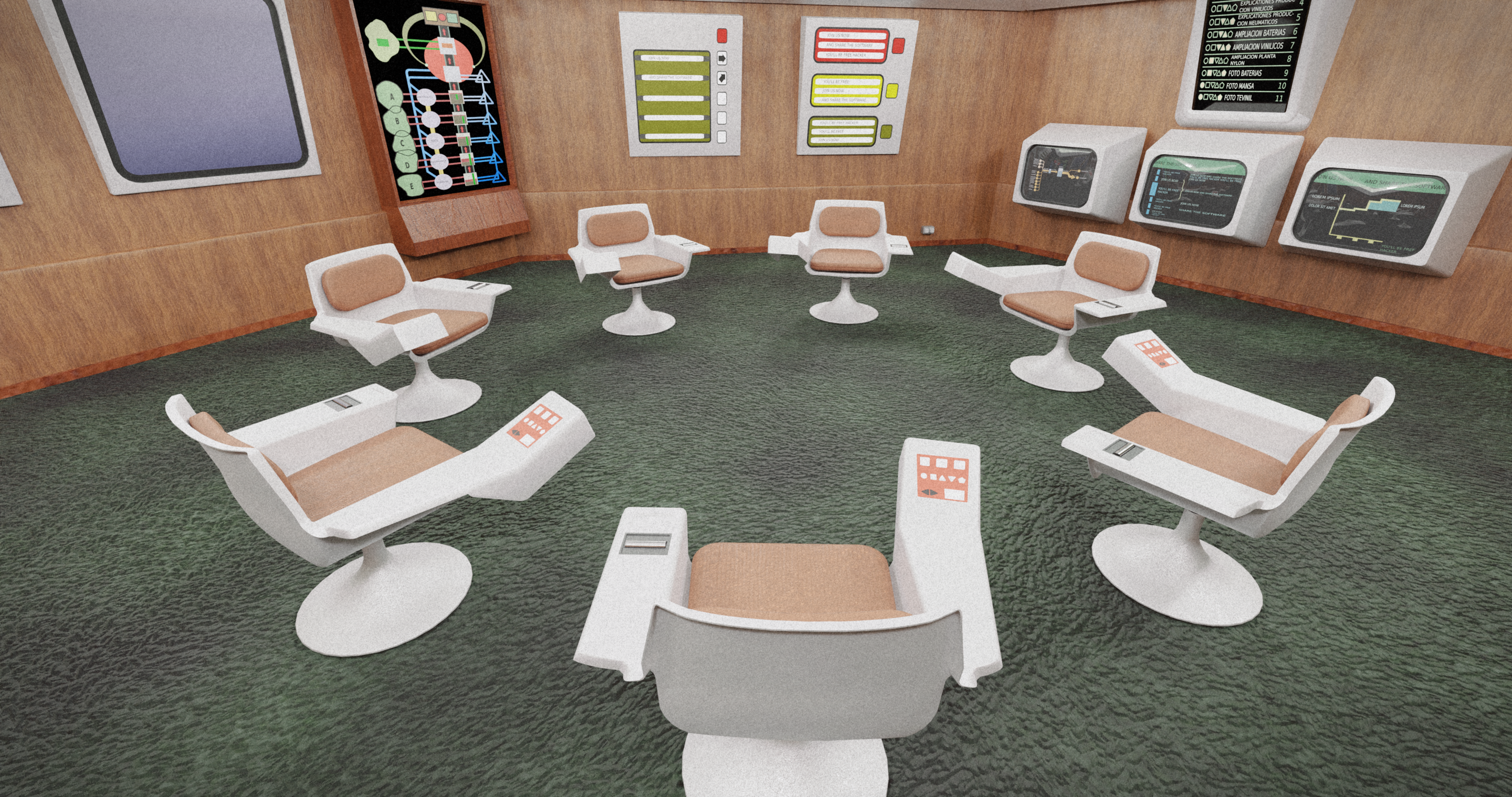 Computer-generated image of Project CyberSyn operations room
